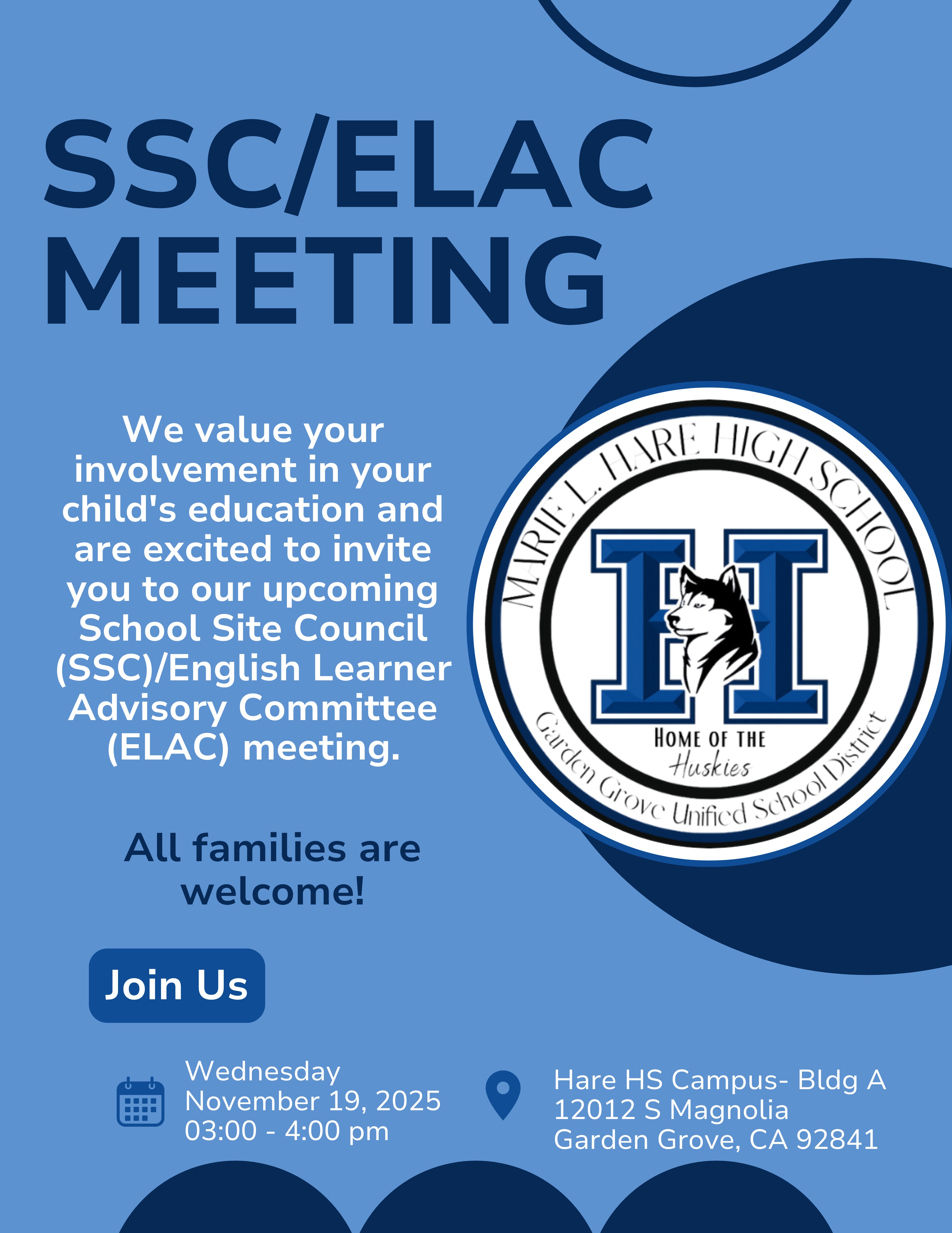 ELAC / SSC Meeting  -  Wednesday, November 19, 3:00 p.m., Building A - article thumnail image